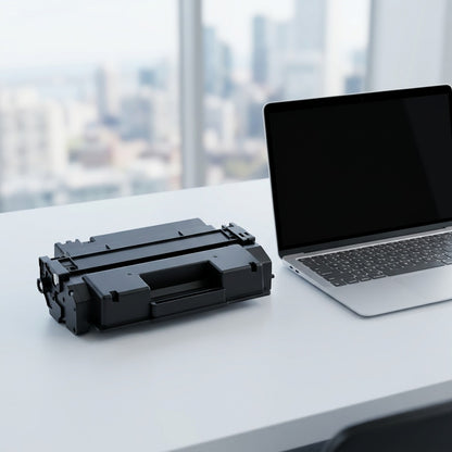 Elevate Imaging HP 414X compatible toner cartridge on a desk next to a laptop for scale reference.