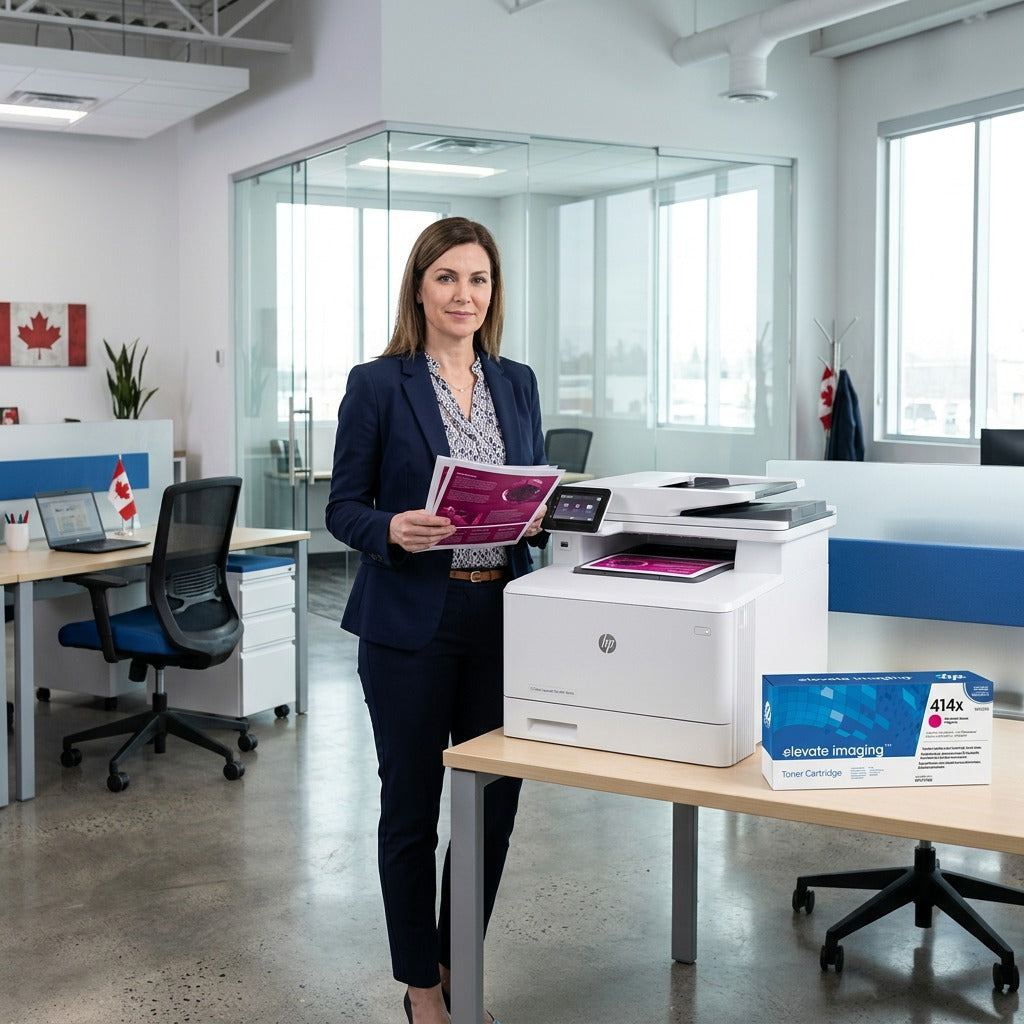 A professional holding magenta prints by an HP printer with an Elevate Imaging 414X toner box.