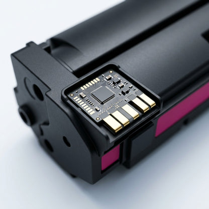 Macro detail of the gold microchip contacts on an Elevate Imaging HP 414X Magenta Toner cartridge.