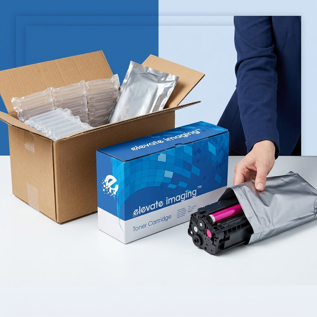 Elevate Imaging magenta toner cartridge being unboxed from secure multi-layered protective packaging.