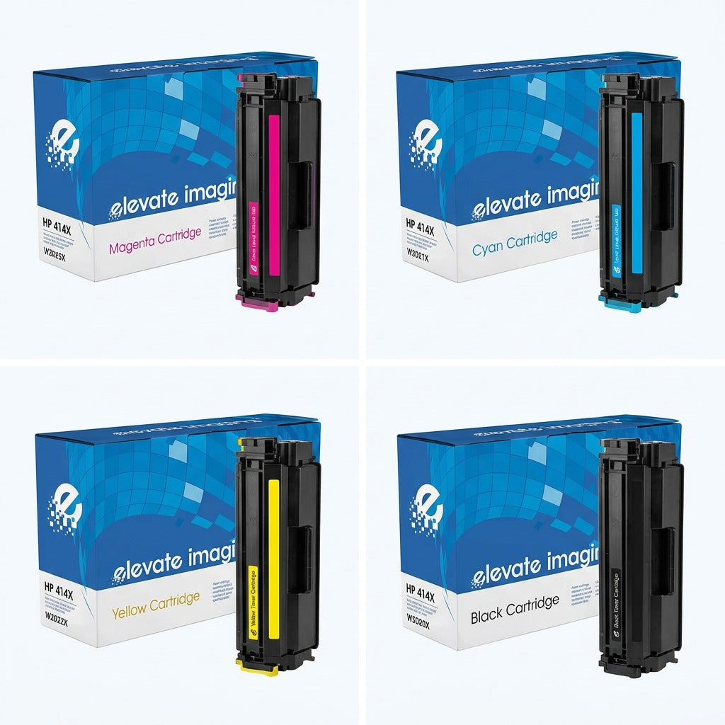 A 2x2 matrix of Elevate Imaging HP 414X toner cartridges in magenta, cyan, yellow, and black.
