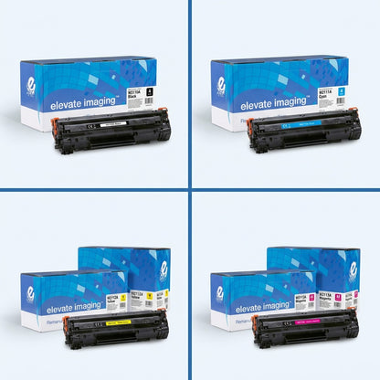 Elevate Imaging remanufactured HP 206A toner set: black, cyan, yellow, and magenta with retail boxes.