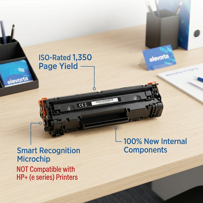 Elevate Imaging HP 206A toner cartridge on desk with 1,350 page yield and smart chip features.