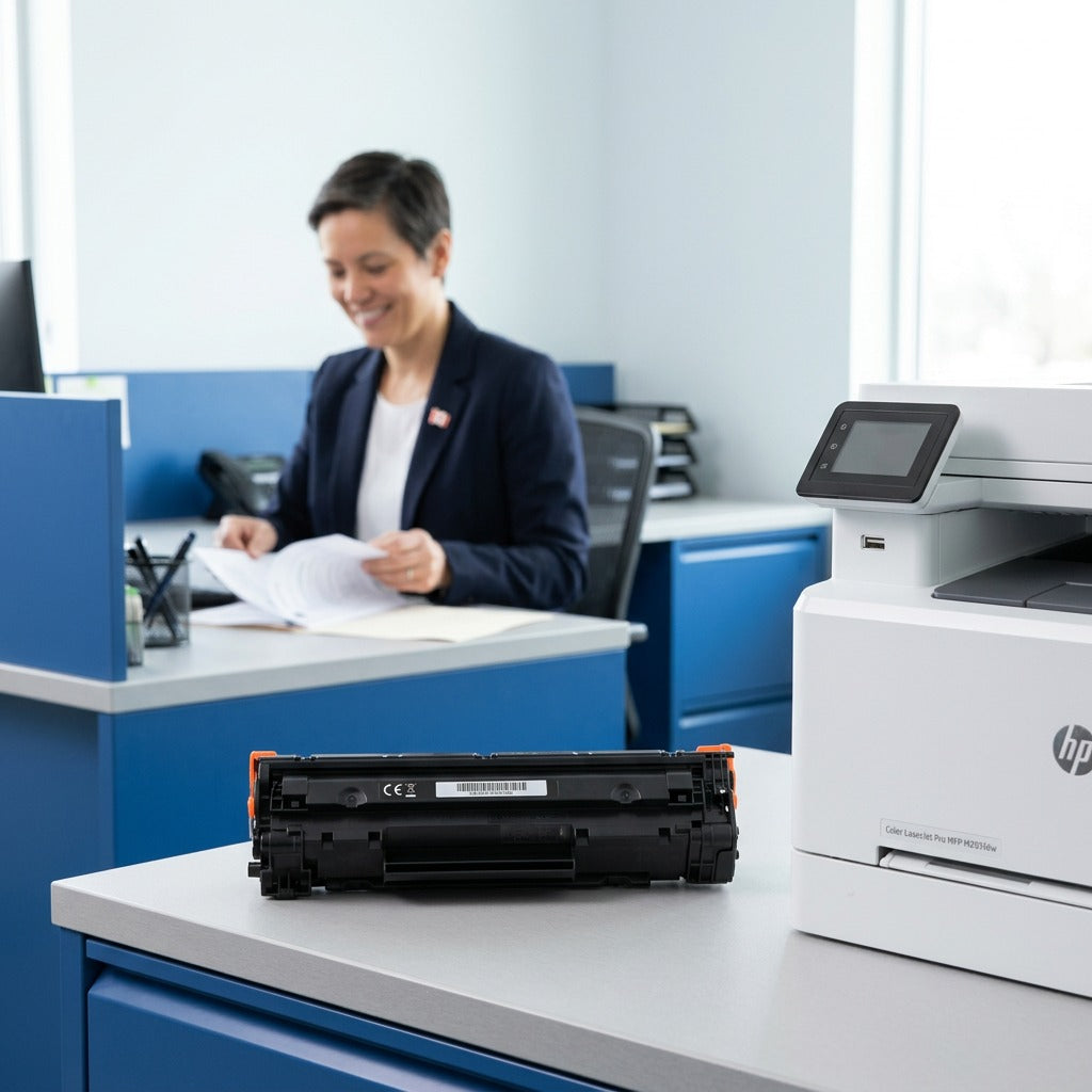 Black remanufactured HP 206A toner cartridge on an office desk next to a LaserJet Pro printer.