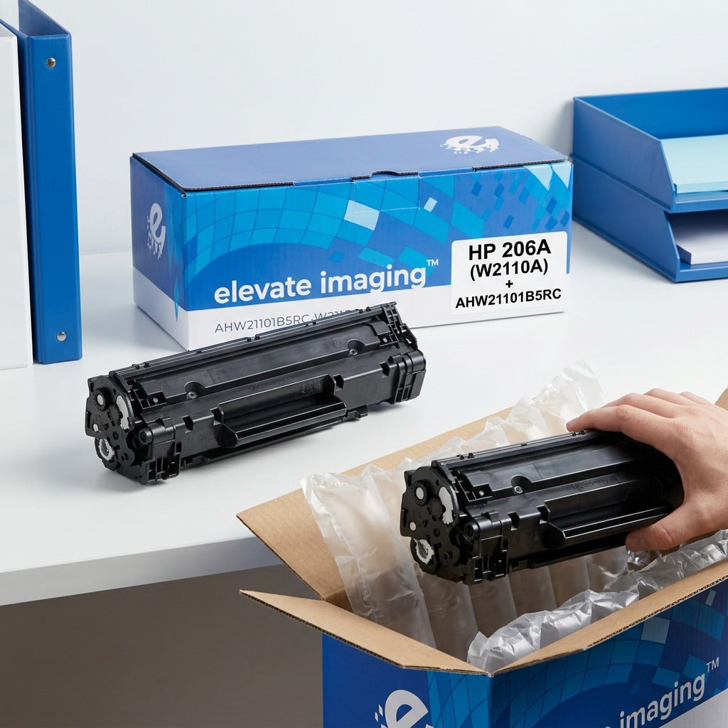 Unboxing an Elevate Imaging HP 206A remanufactured black toner cartridge from protective packaging.