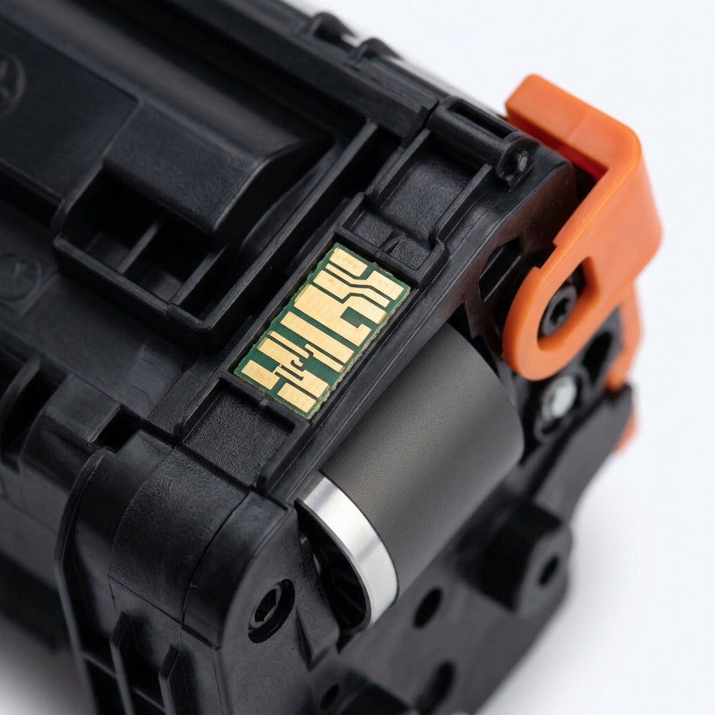 Macro detail of the smart chip and roller on an HP 206A (W2110A) remanufactured toner cartridge.