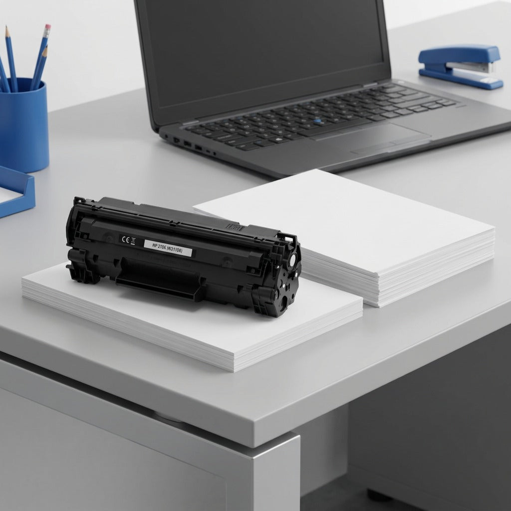 Elevate Imaging HP 210X black toner cartridge on a desk for scale near a laptop and paper stacks.