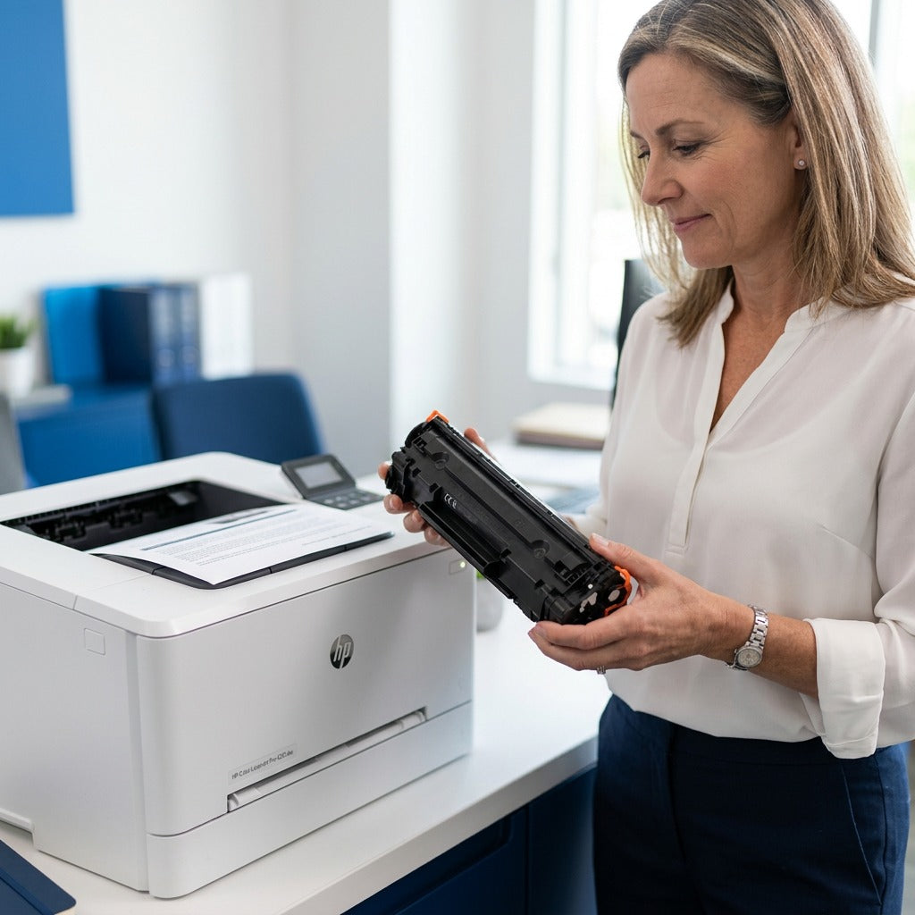 Professional in an office holding a remanufactured HP 210X toner cartridge next to a laser printer.