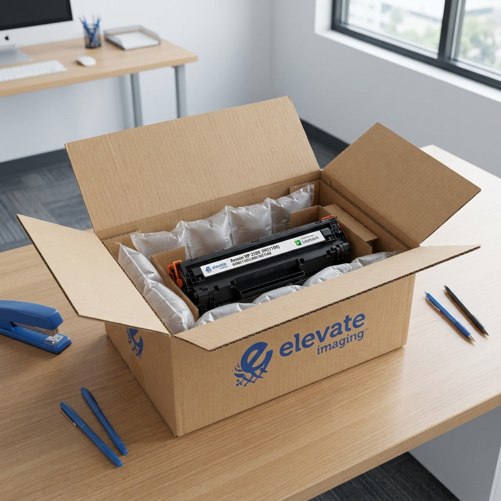 Elevate Imaging HP 210X Black Toner inside a shipping box with air-cushion packaging on a desk.