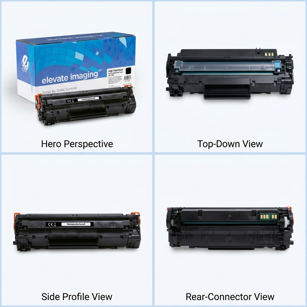 Four-view matrix of Elevate Imaging HP 210X W2110X high yield black remanufactured toner cartridge.
