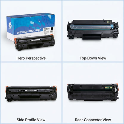 Four-view matrix of Elevate Imaging HP 210X W2110X high yield black remanufactured toner cartridge.