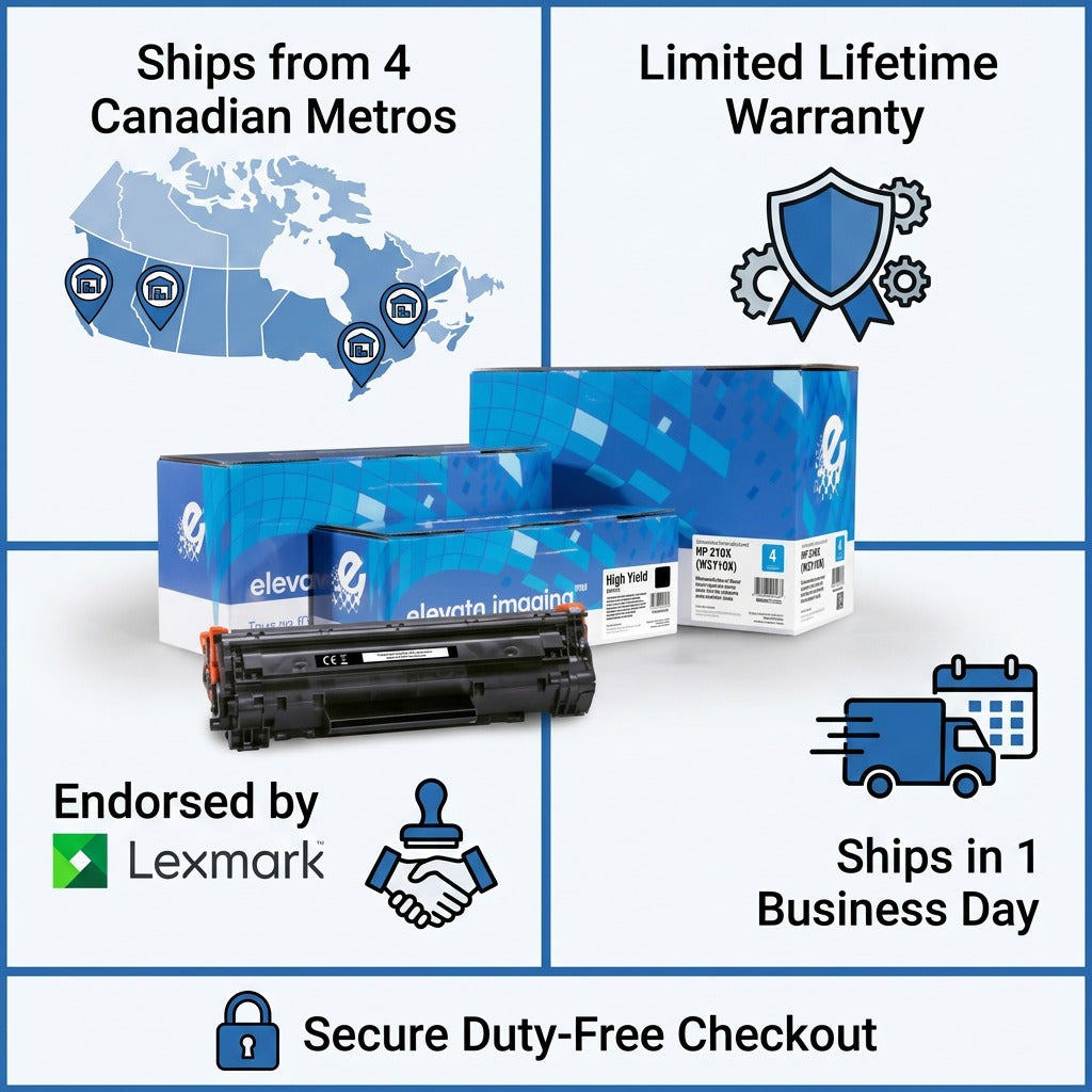 Trust infographic for Elevate Imaging HP 210X toner featuring Canadian shipping and Lexmark endorsement.
