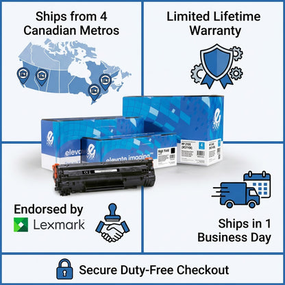 Trust infographic for Elevate Imaging HP 210X toner featuring Canadian shipping and Lexmark endorsement.