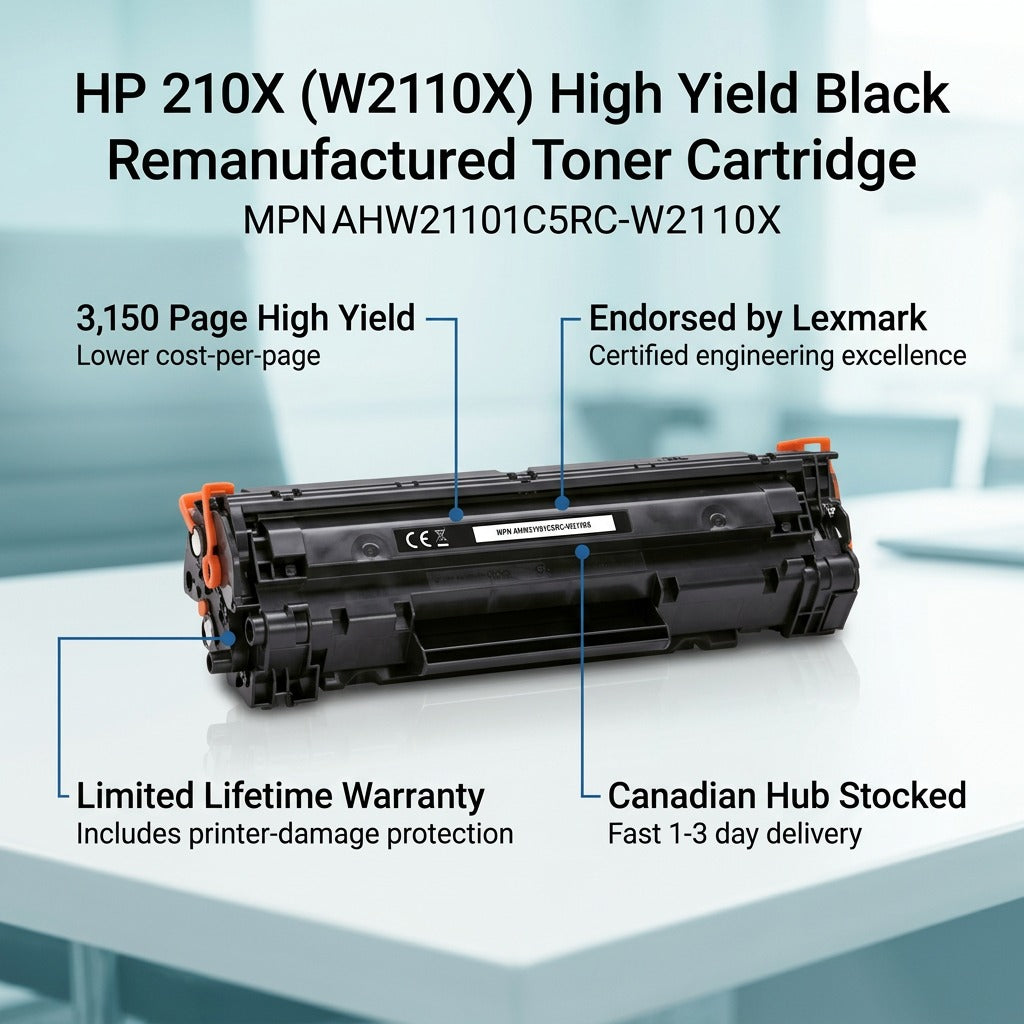 HP 210X Black Toner Cartridge infographic highlighting 3,150 page yield and Lexmark endorsement.