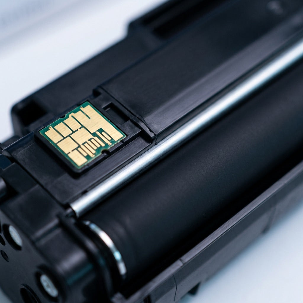 Macro detail of the gold electronic chip and developer roller on an HP 210X toner cartridge.