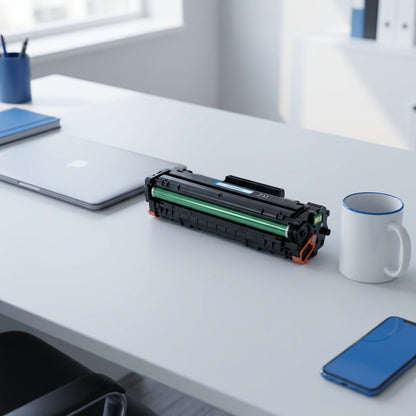 Scale reference: Elevate Imaging HP 206A cyan toner cartridge on a desk next to a laptop and mug.