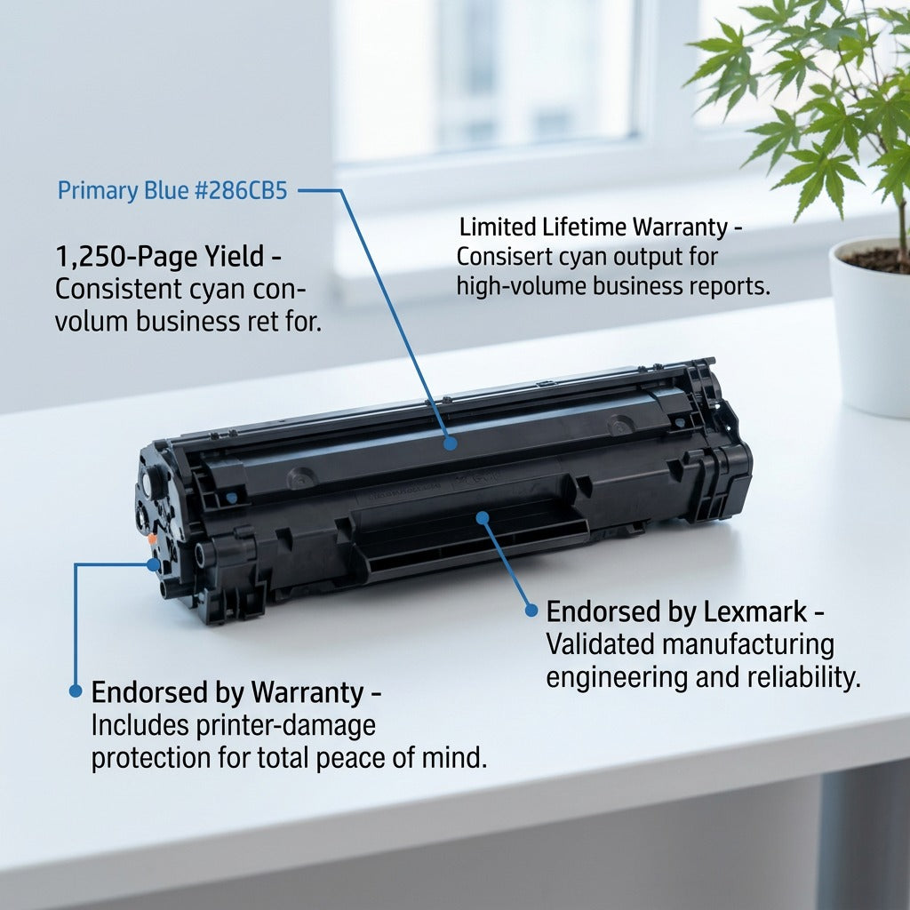 HP 206A Cyan Toner Cartridge with callouts for 1250-page yield, Lexmark endorsement, and warranty.