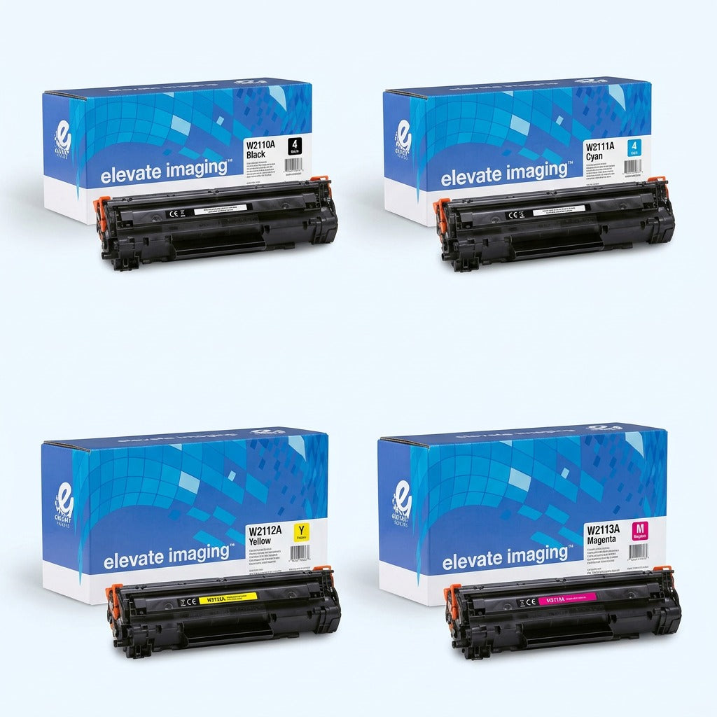 A 4-pack matrix of Elevate Imaging remanufactured HP 206A toner cartridges in CMYK colors.