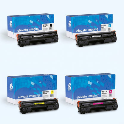 A 4-pack matrix of Elevate Imaging remanufactured HP 206A toner cartridges in CMYK colors.