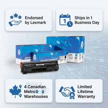 Elevate Imaging HP 206A toner cartridge infographic with 1-day shipping and lifetime warranty.