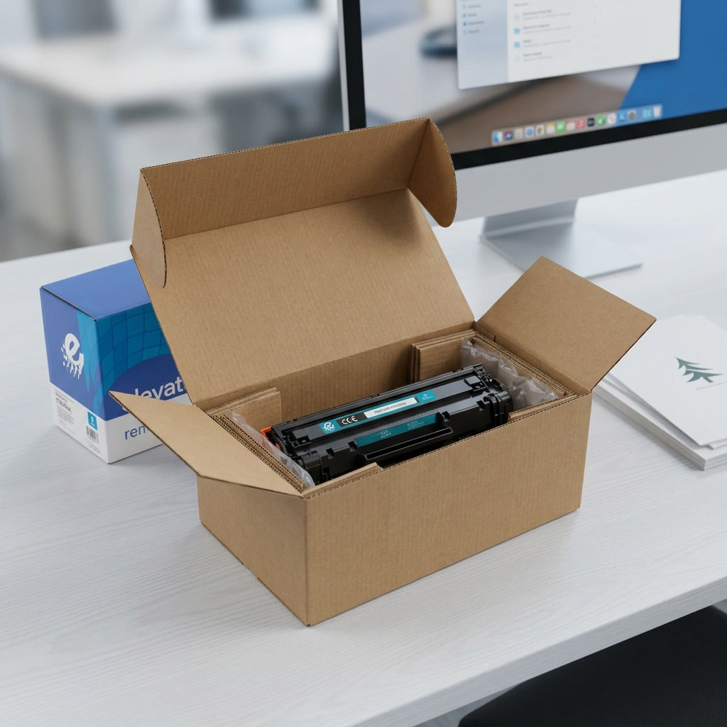 Elevate Imaging remanufactured HP 206A cyan toner securely packaged inside a sturdy shipping box.
