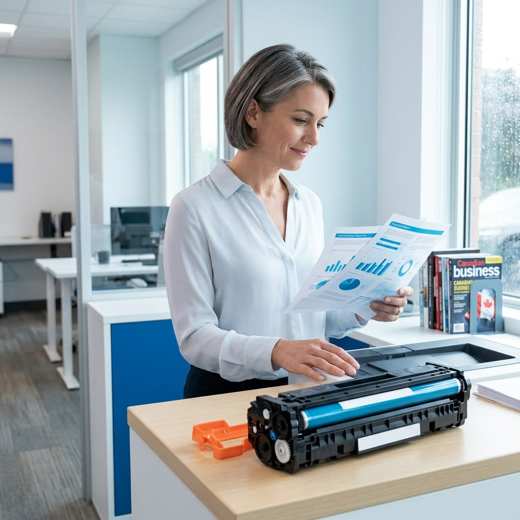 A professional reviewing cyan printed charts next to an HP 206A remanufactured toner cartridge.