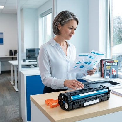 A professional reviewing cyan printed charts next to an HP 206A remanufactured toner cartridge.
