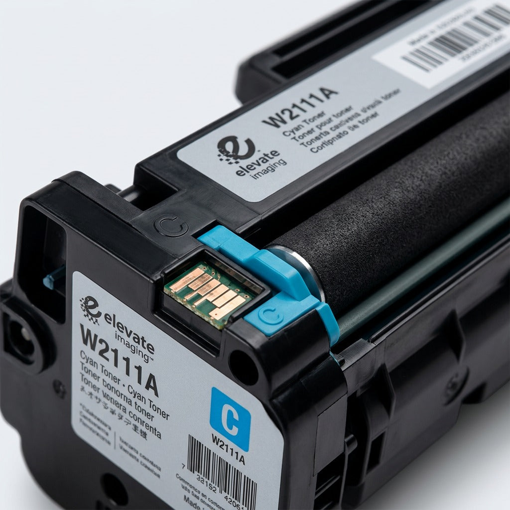 Macro detail of Elevate Imaging W2111A cyan toner cartridge chip, roller, and product labeling.