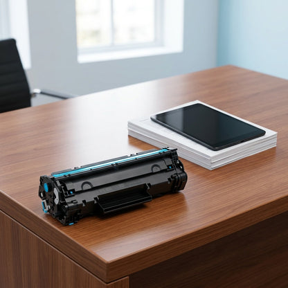 HP 206X cyan toner cartridge on an office desk next to a tablet and papers for scale reference.