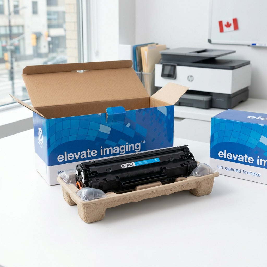 Elevate Imaging remanufactured HP 206X cyan toner cartridge unboxed on a desk in a clean office.
