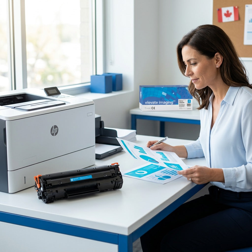 Professional reviews cyan charts next to an HP 206X cyan toner cartridge for laser printing.