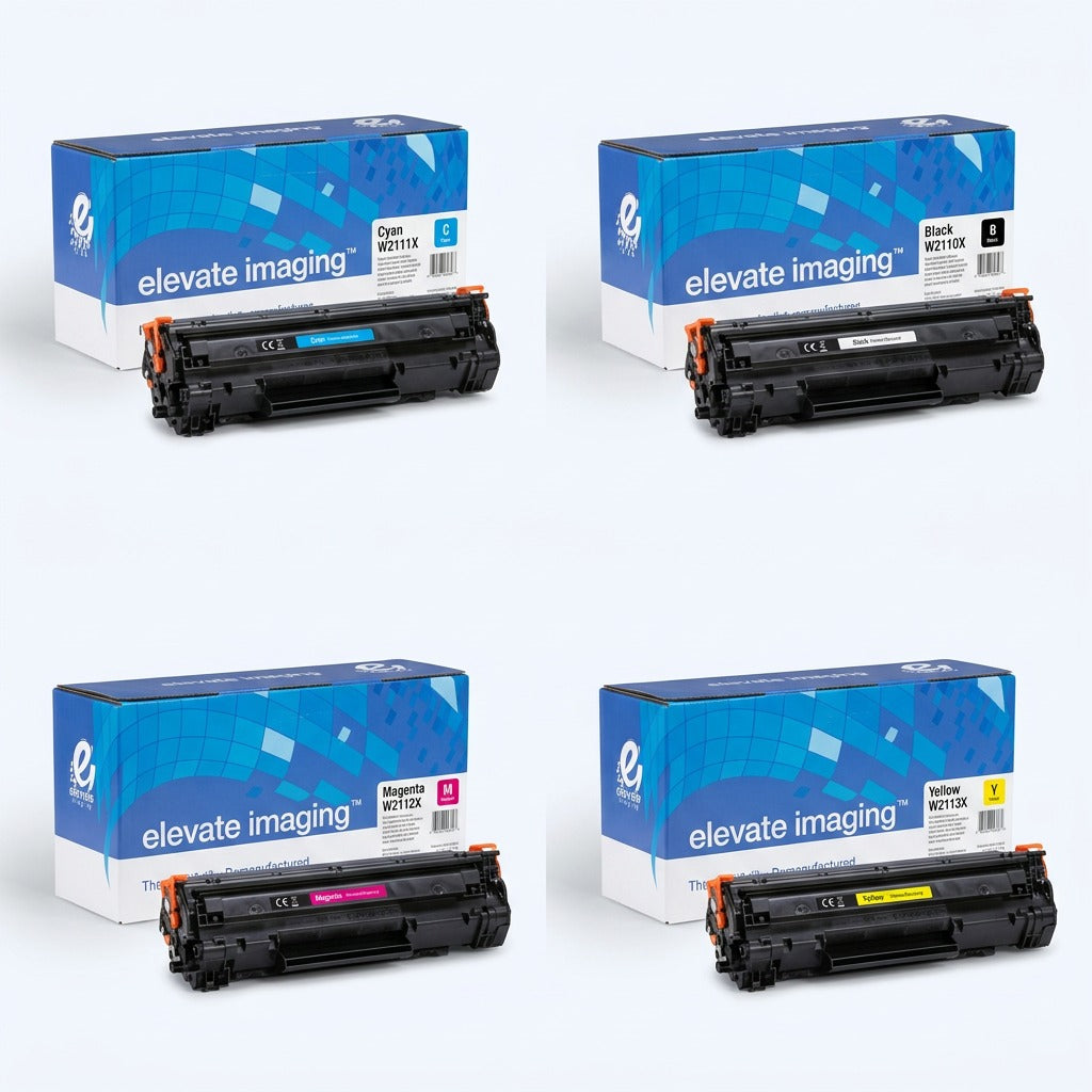 A 2x2 grid of Elevate Imaging HP 206X toner cartridges in cyan, black, magenta, and yellow.