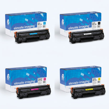 A 2x2 grid of Elevate Imaging HP 206X toner cartridges in cyan, black, magenta, and yellow.