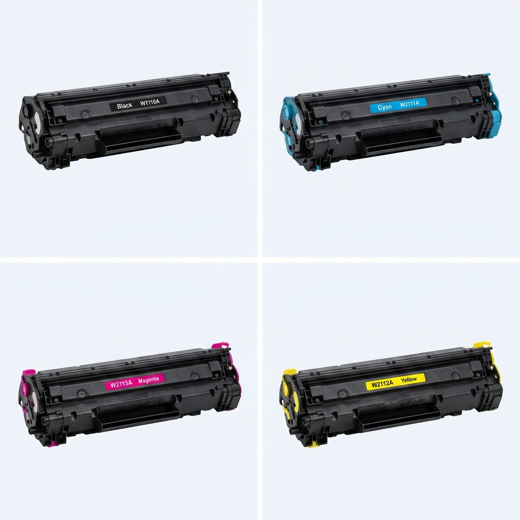 A 2x2 grid featuring Elevate Imaging HP 206A toner cartridges in black, cyan, magenta, and yellow.