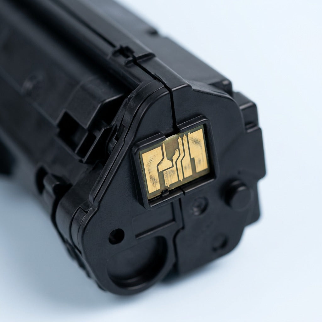 Macro view of the smart chip on an Elevate Imaging HP 206A Yellow Remanufactured Toner Cartridge.