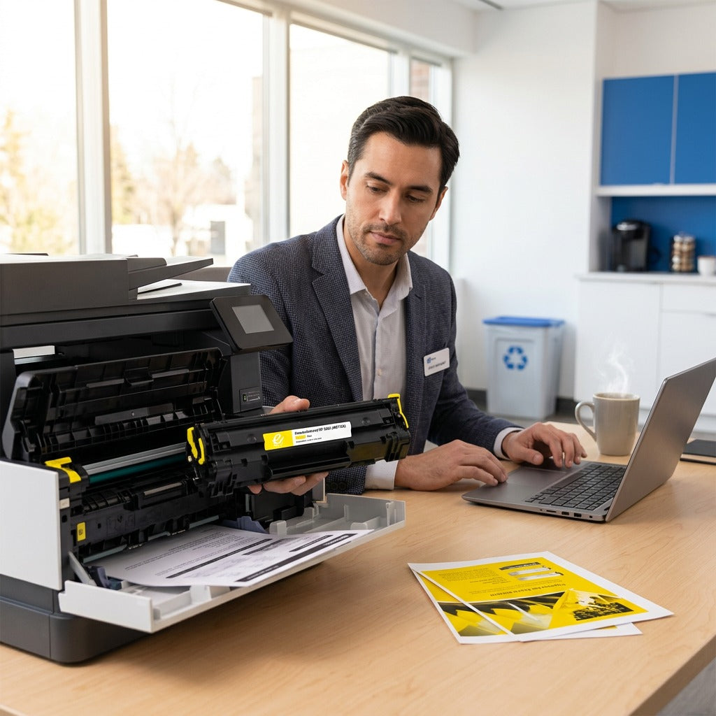 Professional in an office installing an Elevate Imaging remanufactured HP 206A yellow toner cartridge.