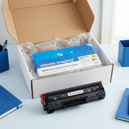 Unboxing of HP 206A Yellow Remanufactured Toner Cartridge by Elevate Imaging in secure packaging.