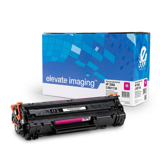 Elevate Imaging remanufactured HP 206A (W2113A) magenta toner cartridge and retail box.