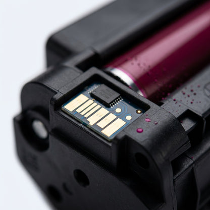 Macro detail of the gold-plated contact chip on an HP 206A Magenta remanufactured toner cartridge.