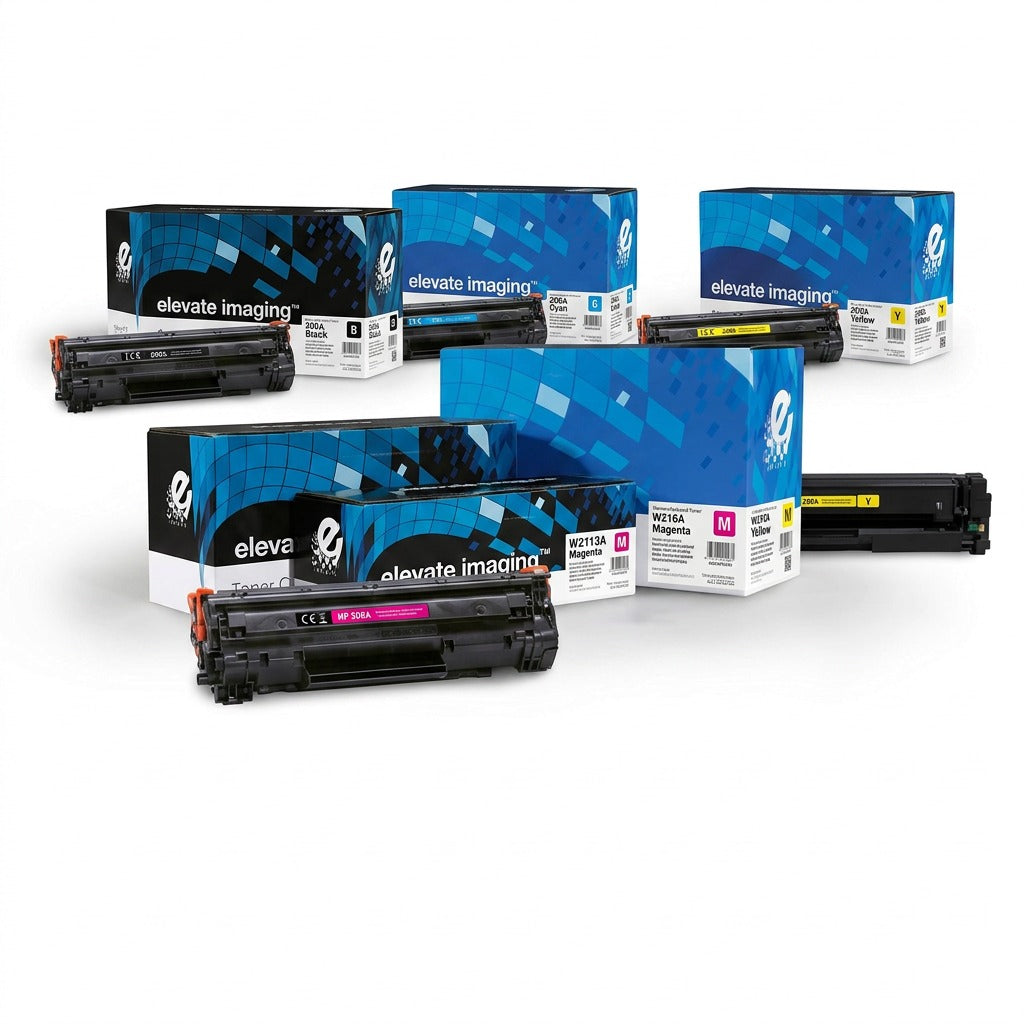 A 2x2 grid featuring Elevate Imaging HP 206A remanufactured toner in magenta, cyan, yellow, and black.