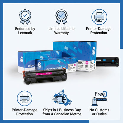 Infographic for Elevate Imaging HP 206A magenta toner detailing warranty and fast Canadian shipping.