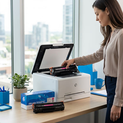 A professional inserts a magenta 206A toner cartridge into an HP LaserJet printer in a bright office.