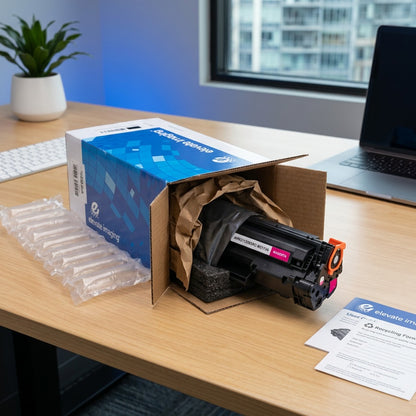 Unboxing of Elevate Imaging HP 206A remanufactured magenta toner with protective air cushioning.