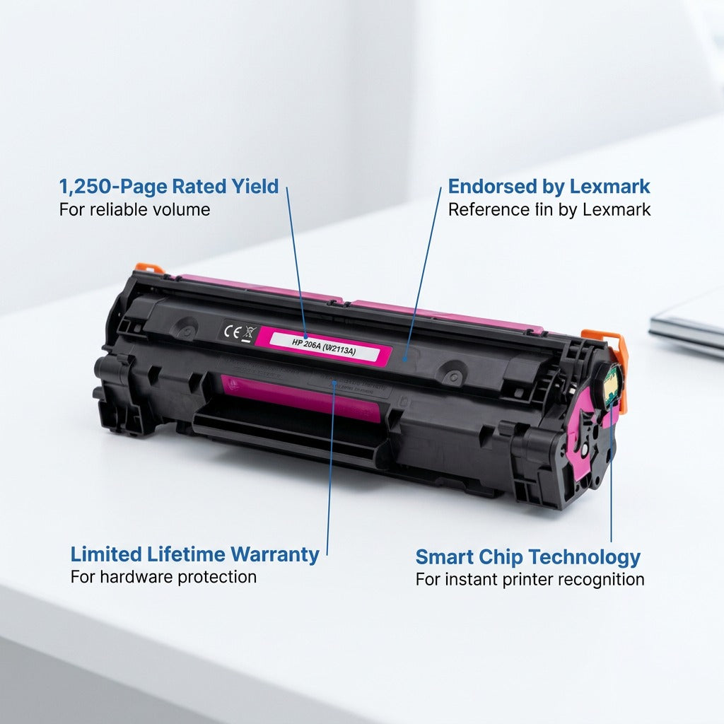Elevate Imaging HP 206A Magenta Toner Cartridge features and benefits, including 1,250-page yield.