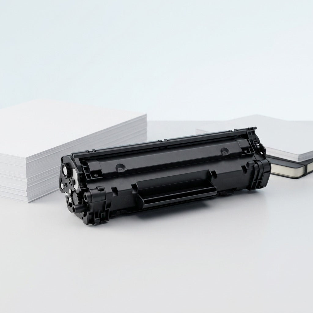 Elevate Imaging compatible HP 12A black toner cartridge on a desk next to a stack of A4 paper.
