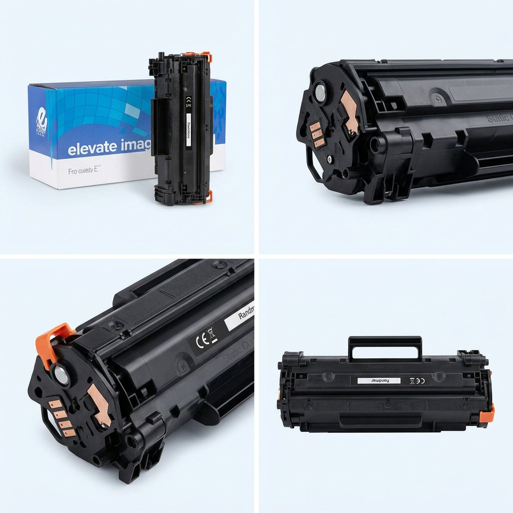 Four-grid view of an Elevate Imaging HP 12A (Q2612A) black compatible toner cartridge and retail box.