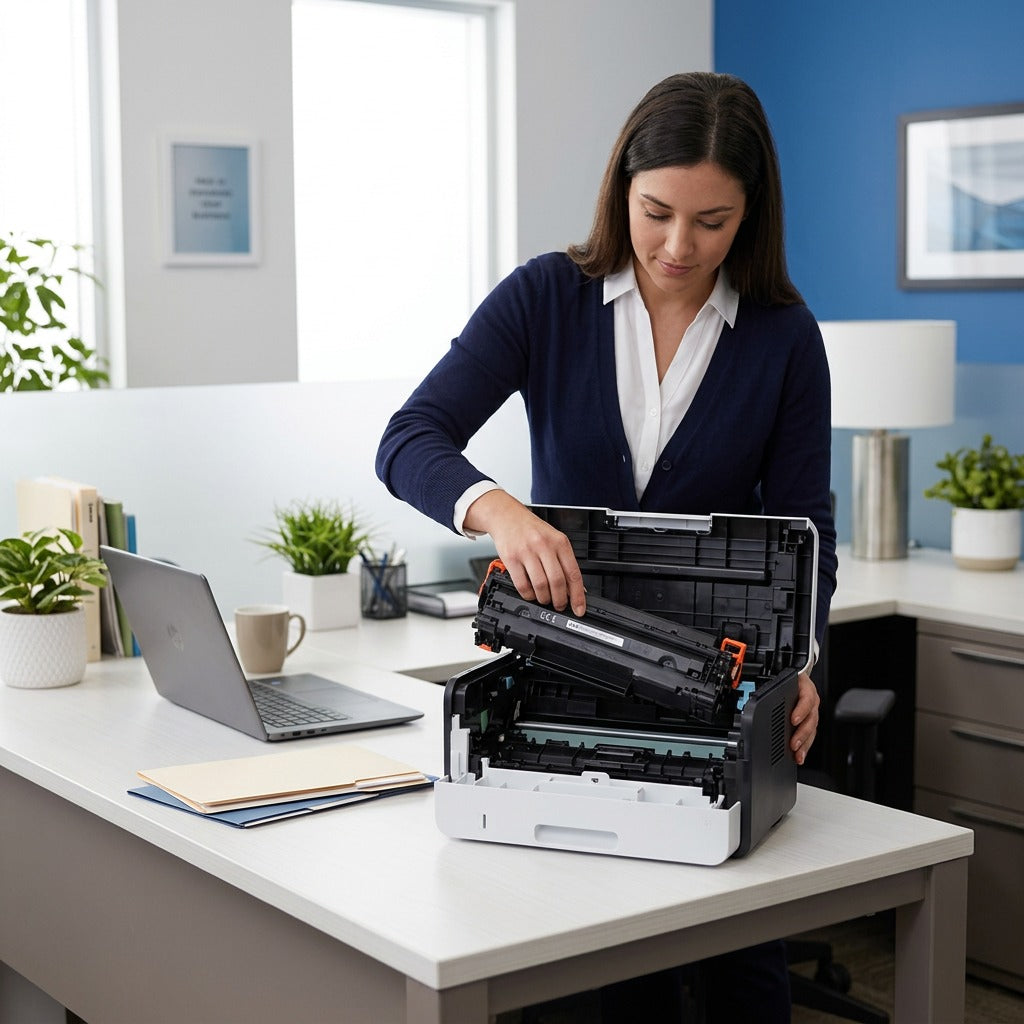 Woman installing a black HP 12A (Q2612A) compatible laser toner cartridge into a desk printer.