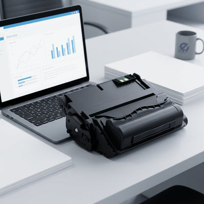 Elevate Imaging HP 42A (Q5942A) compatible toner cartridge on a desk next to a laptop for scale.
