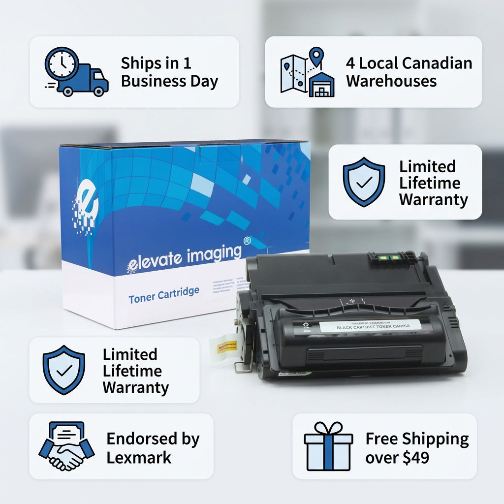 Elevate Imaging HP 42A toner cartridge infographic with 1-day shipping and Lexmark endorsement.
