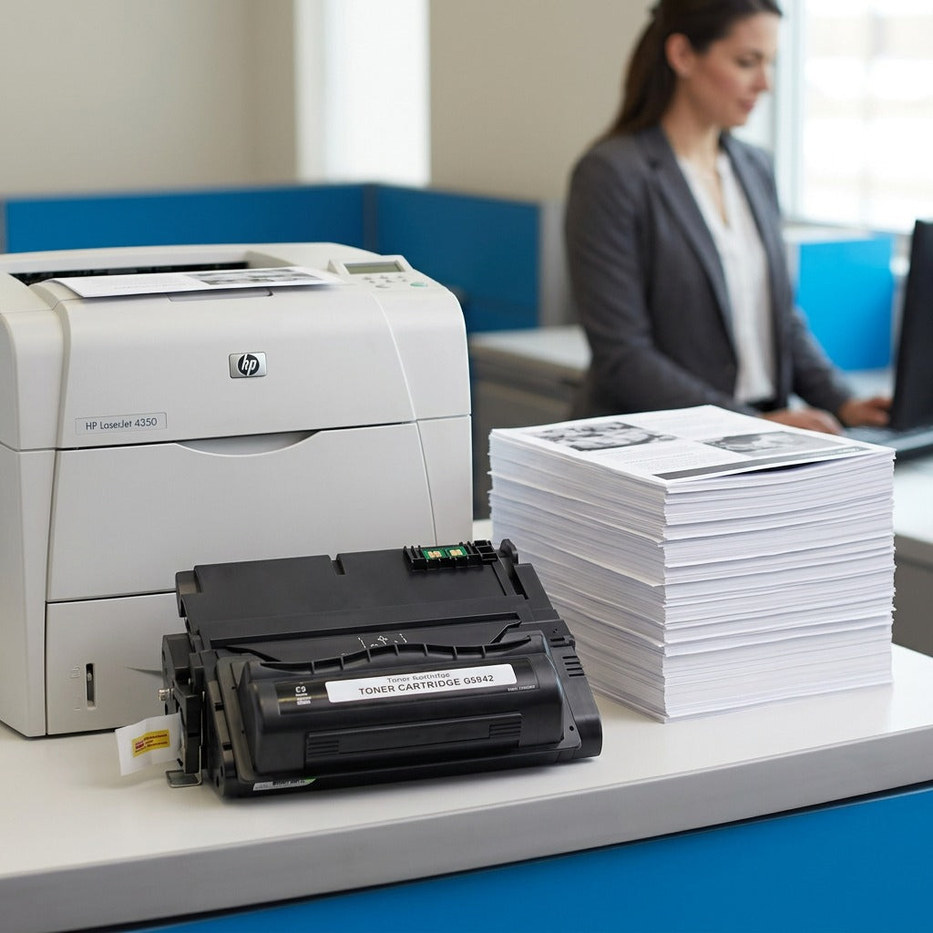 HP 42A Q5942A compatible toner cartridge by an HP LaserJet 4350 printer with a stack of documents.